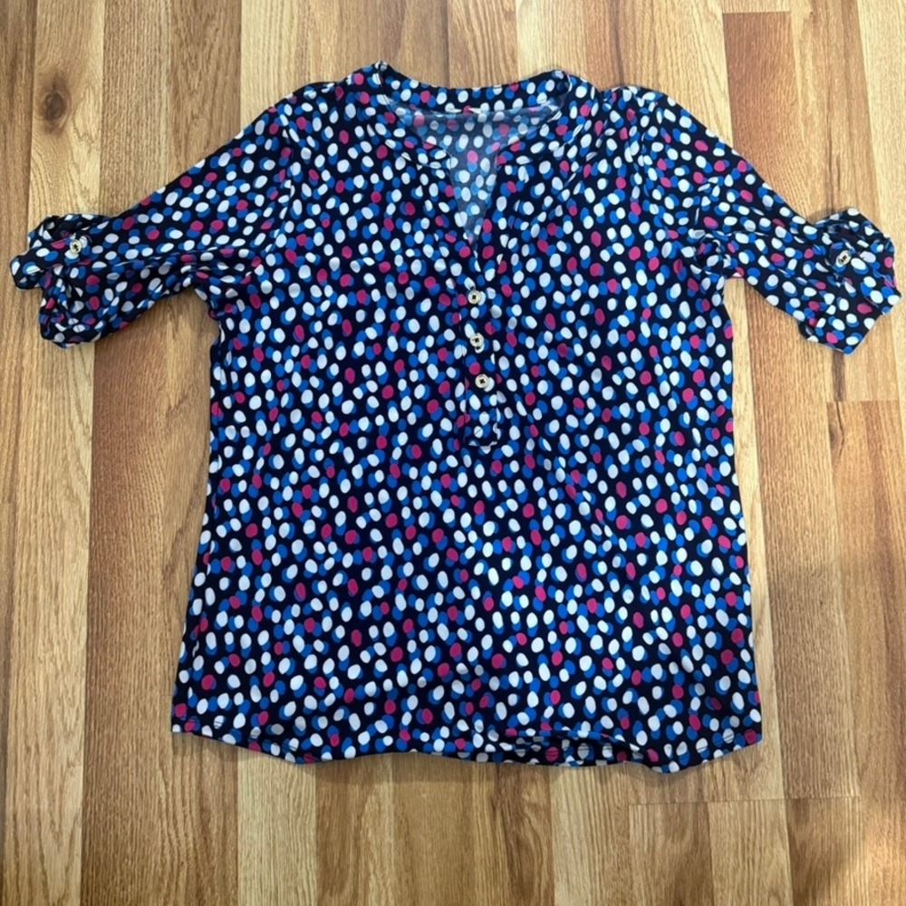 Anne Klein Sport Womens Navy Blue Pink Polka Dot Button Front Tab Sleeve Top M
